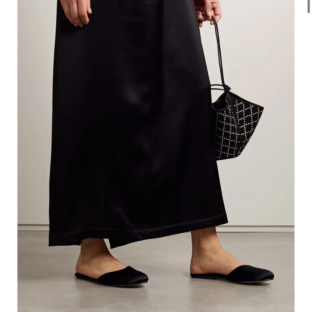 LESET Black Satin Romy Mule - Flat Slide on Slipper Shoe